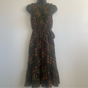Point Sur Floral Pleated Midi Dress Olive Green Belted Sleeveless Size 2P Petite